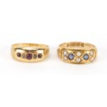 Two Victorian gold rings, 18ct gold garnet and diamond and 15ct gold sapphire and seed pearl, both