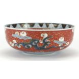 Japanese Imari porcelain bowl, hand painted with Phoenixes and dragons amongst clouds, character