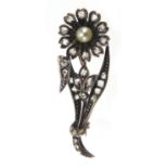 Antique unmarked gold diamond and pearl flower brooch, 4cm in length, approximate weight 4.4g :