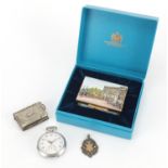 Objects including a gilt and enamel box, pocket watch, silver jewel and book, the largest 7.5cm wide