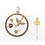 9ct gold Masonic tie pin and 9ct gold swallow pendant set with seed pearls, turquoise and garnet,