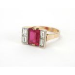 Art Deco unmarked gold ruby and diamond ring, size M, approximate weight 6.2g : For further