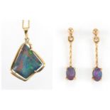 10ct gold opal pendant and matching earrings, the pendant 3cm in length, approximate weight 5.7g :