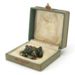 Russian Faberge green hardstone carving of a frog, housed in a silk and velvet lined fitted