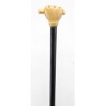 Ebonised walking stick with ivory handle, carved in the form of a clenched fist, 90.5cm in