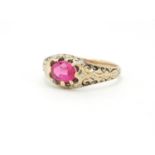 Antique unmarked gold ruby and enamel ring, housed in a P. Orr & Sons box, size Q, approximate