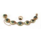 Victorian 9ct gold operculum shell bracelet and matching ring, the bracelet 19cm in length,