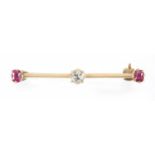 Unmarked gold diamond and ruby bar brooch, 4cm in length, approximate weight 2.5g : For further