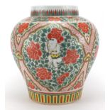 Large Chinese porcelain baluster jar, hand painted in the famille verte palette with panels of