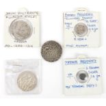 Five Indian silver coins, including 1/5 rupee and tanka, approximate weight 43.4g : For further