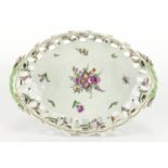 18th century Royal Worcester pierced porcelain basket, the central panel hand painted with