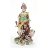 18th century hand painted Derby figure of Minerva, standing with one hand on her shield and a lion