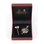 Silver love heart shaped scent bottle with funnel, stamped 925, housed in a Penhaligons box : For