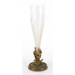 Etched glass vase with a naturalistic bronze stand, 32cm high : For further Condition Reports Please