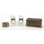 Pair of square glass inkwells, together with Gothic design brass casket and one other : For