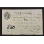 1945 Bank of England white five pound note, serial number 55009320 : For further Condition Reports