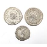 Three Roman silver coins comprising a Geta denarius and two Antoninianus, Phillip and Elagabalus,