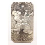 Rectangular Chinese silver scroll weight, cast with two figures, impressed character marks to the