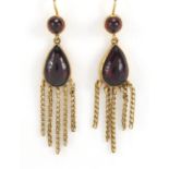 Pair of antique unmarked gold cabochon garnet drop earrings, 4.5cm in length, approximate weight 4.