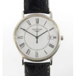 Gentleman's Longines wristwatch with date dial, 3.2cm in diameter, with box and papers : For further