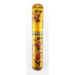 Late 18th century cylindrical bodkin case with tortoiseshell lining, hand painted with flowers, 13.