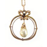 9ct gold sapphire and pearl pendant on a 9ct gold necklace, the pendant 2.5cm in length, approximate