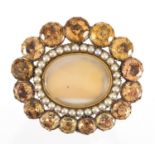 Victorian gold coloured metal citrine and seed pearl mourning brooch, 4.5cm in length, approximate