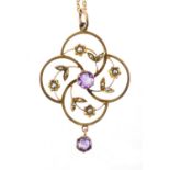 Art Nouveau 9ct gold amethyst and seed pearl pendant on a 9ct gold necklace, the pendant 4.5cm in