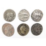 Six early Roman Republic and Greek silver coins including Rutilius Flaccus, Antoninus Pius and