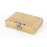 Cartier 9ct gold box with engine turned decoration and diamond set clasp, London 1942, 8cm wide,