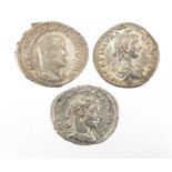 Three Roman silver Denarius, Maximinus, Carcalla and Elagabalus, approximate weight 8.9g : For