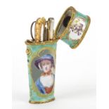 18th century Staffordshire enamel etui with gilt mounts, the tapering enamelled body hand painted