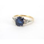 Art Deco 18ct gold sapphire ring with diamond set shoulders, size Q, approximate weight 4.4g : For