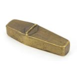 19th century brass snuff box in the form of a coffin, with engraved inscriptions and skeleton,