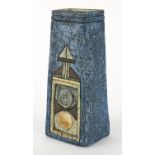 Troika St Ives pottery vase of tapering form, hand painted and incised with an abstract design, 17.
