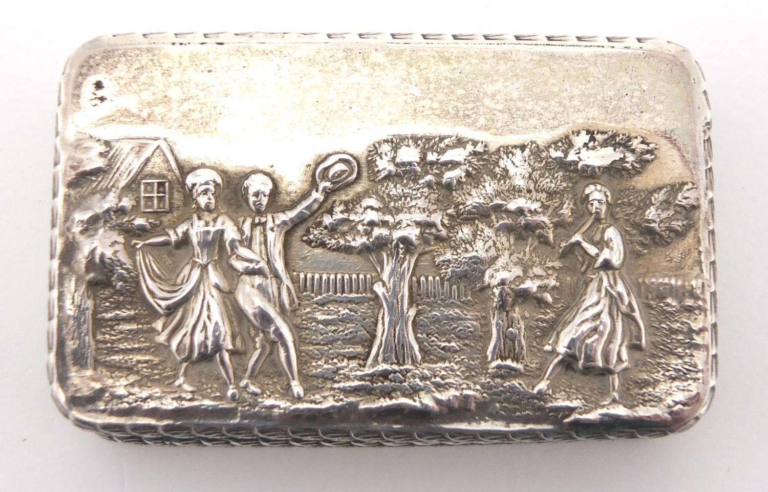 Rectangular silver snuff box, the hinged lid embossed with figures before a cottage, D M & S - Image 2 of 6