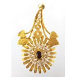 18ct Middle Eastern gold garnet and pearl pendant, 6.5cm in length, approximate weight 7.6g : For