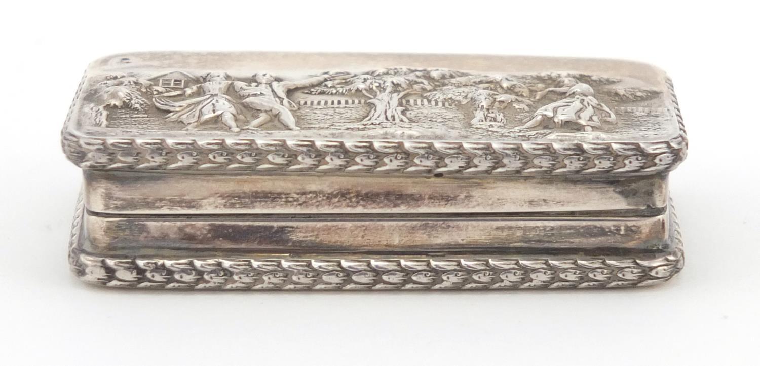 Rectangular silver snuff box, the hinged lid embossed with figures before a cottage, D M & S - Image 3 of 6