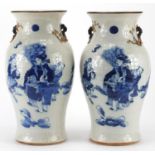 Pair of Chines crackle glaze vases, with naturalistic twin handles, each hand painted with an