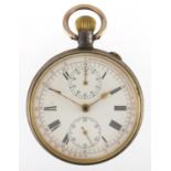 Gentleman's gunmetal chronograph pocket watch, 5cm in diameter : For further Condition Reports