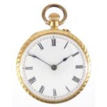 Ladies 18ct gold pocket watch, with engraved decoration, the dust cover engraved John Cockburn