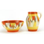 Clarice Cliff Bizarre jug and bowl, each hand painted with an abstract triangle design, factory