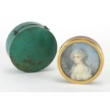 18th century circular lacquer portrait snuff box with unmarked gold mounts and tortoiseshell lining,