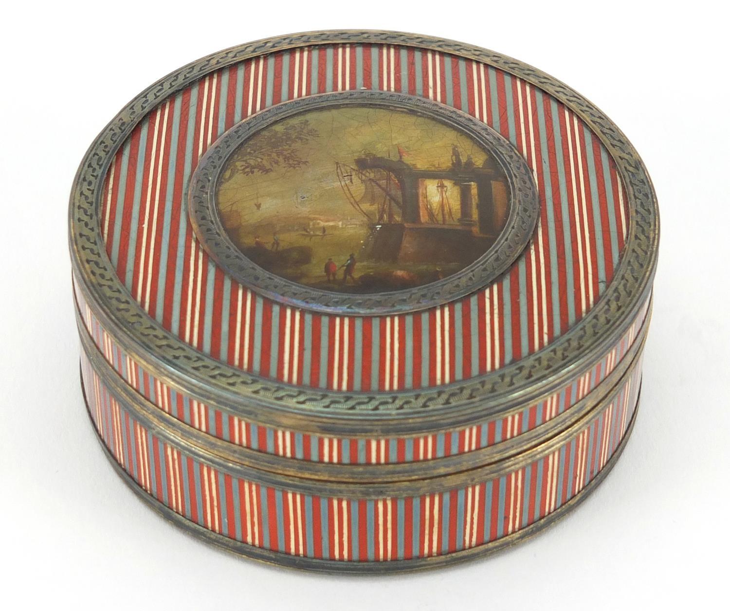 18th century French circular Vernis Martin snuff box with unmarked gold mounts and red tortoiseshell