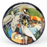 Large Moorcroft pottery charger by Emma Bossons, hand painted with stylised birds, limited edition