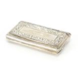 Rectangular continental silver snuff box with engine turned decoration, the hinged lid engraved with