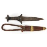 Middle Eastern hunting knife with leather sheath, silver mounted wooden handle and engraved blade,