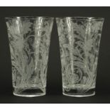 Pair of Christofle Orangerie glass vases etched with flowers, 20cm high : For further Condition