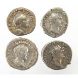 Four Roman silver denarius, Vespasian, Domitian, Hadrian and Gordian III, approximate weight 13.7g :