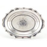 Modern silver oval dish, engraved with a crest, Mercatores Coenascent, 13cm in length, approximate